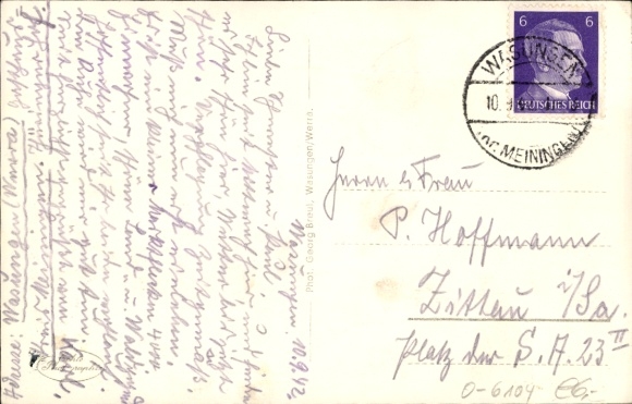 Postcard Wasungen in the Thuringian Forest, Adolf Hitlerplatz, half-timbered houses