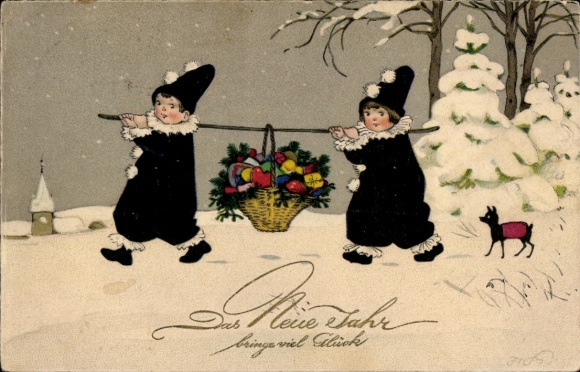 Artist Postcard Baumgarten, Fritz, Happy New Year, Harlequins carrying gift basket, Meissner & Buch 2910