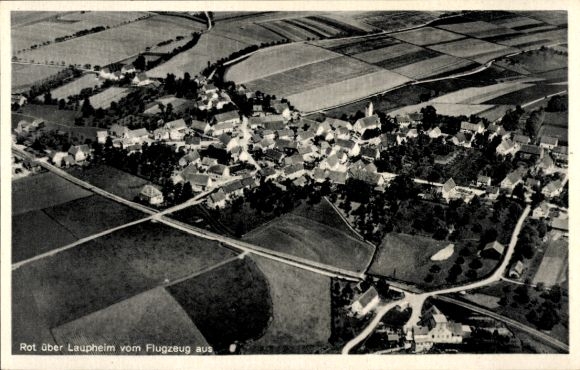Postcard Laupheim in Upper Swabia, aerial view of green fields, houses, streets