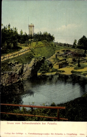 Ak Schwedenstein bij Pulsnitz, Schwedenstein, toren, water, natuur, landschap