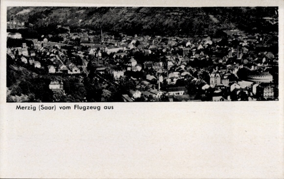 Postcard Merzig on the Saar, panoramic view of Merzig, airport view, black and white