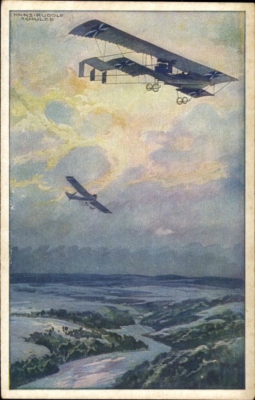 Artist PC Schulze, Hans Rudolf, military biplane on a reconnaissance trip over the Argonne Forest