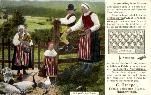 Postcard people in Swedish costumes, chickens, advertising, factory of perforated sheets C. Graepel