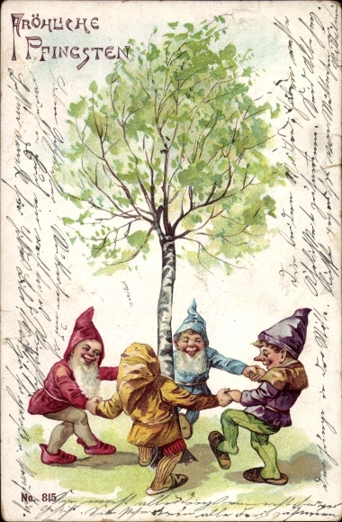 Chromo-Litho Congratulations Pentecost, Dwarfs dancing around birch