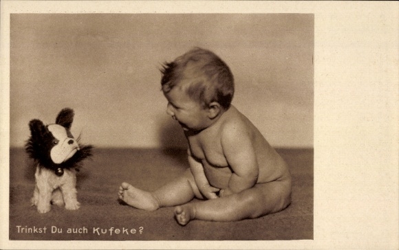 Postcard Do you also drink Kufeke, baby food, advertising, toddler with stuffed dog