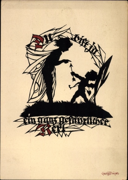 Scherenschnitt Künstler Ak Plischke, Georg, Du bist ja ein ganz gefährlicher Kerl, Amor, Elfe