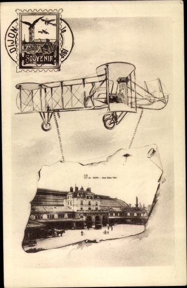 Passepartout Postcard Dijon Côte d&#39;Or, La Gare, Airplane
