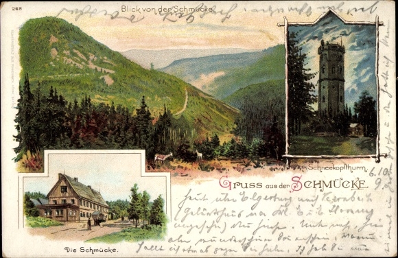 Chromo-Litho Gehlberg in the Ilm district of Thuringia, Greetings from the Schmücke, Schneekopfturm