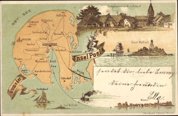 Maps Postcard Insel Poel Mecklenburg, Dorfstrasse in Kirchdorf, Niendorf, Fährdorf