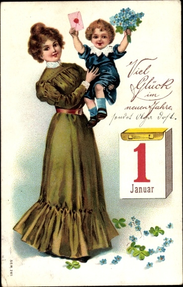 PC Happy New Year, woman with child, calendar, shamrocks, forget-me-nots