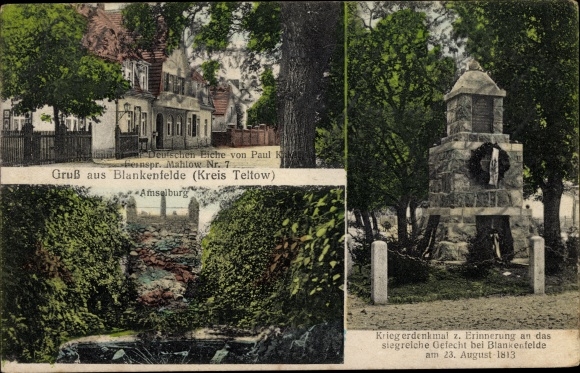 Postcard Blankenfelde Mahlow Teltow Fläming, Restaurant zur Deutschen Eiche, Amselburg, war memorial