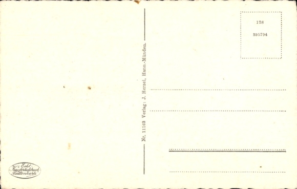 PC Hann. Münden in Lower Saxony, front shows houses, mountain landscape, text in Fraktur, hist