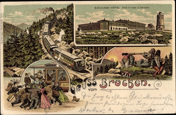 Litho Brocken Nationalpark Harz, Brockenhotel, Brockenbahn, Zwerge