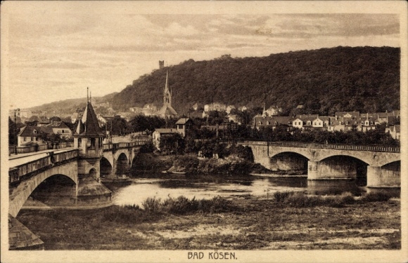 Ak Bad Kösen Naumburg an der Saale, Brücke, Fluss, Hügel, Kirche, Häuser