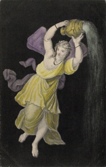 Postcard woman with water jug, allegory time of day