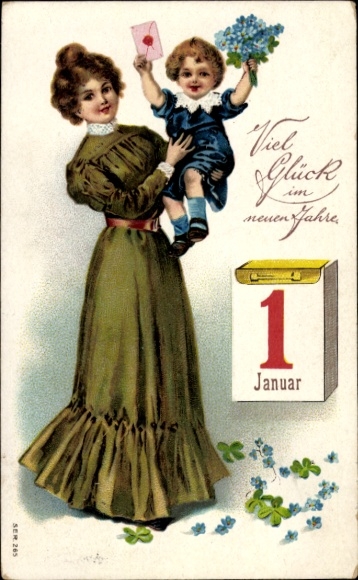 PC Happy New Year, woman with child, calendar, clover leaves, forget-me-not