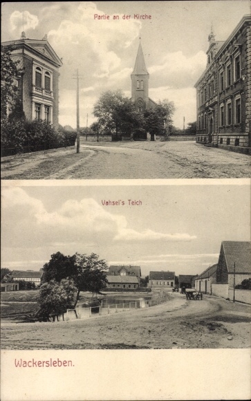 Postcard Wackersleben in Saxony Anhalt, church, Vahsel's pond