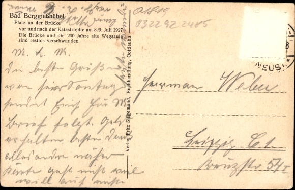 KP Berggiesshübel w Saksonii, miejsce przy moście, kolumna drogowa, przed i po katastrofie 8./9. lipiec 1927 r