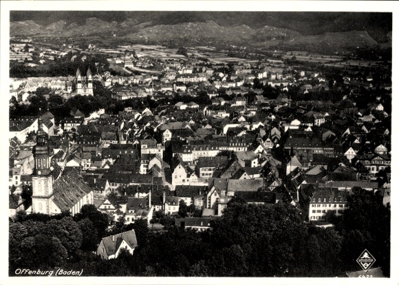 Postcard Offenburg in Baden Black Forest, aerial view of Offenburg, half-timbered houses, city view, mountain