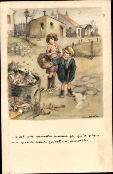 Artist PC Poulbot, Francisque, Ligue Nationale contre le Taudis, children, dustbin, flies
