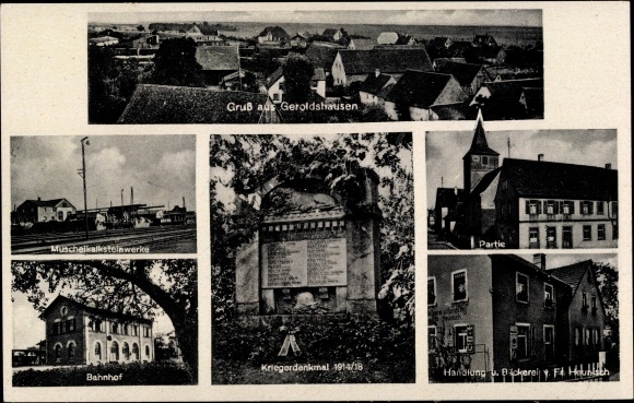 Postcard Geroldshausen Lower Franconia, shell limestone works, train station, action Heunisch, war memorial
