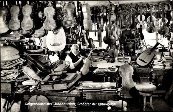Postcard master violin maker Johann Reiter, creator of the octave violin, successor Erich Sandner, workshop