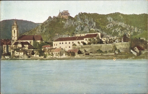 Ak Dürnstein an der Donau Wachau Niederösterreich, Berglandschaft, Wasser, Gebäude, Kirche,  Ruin