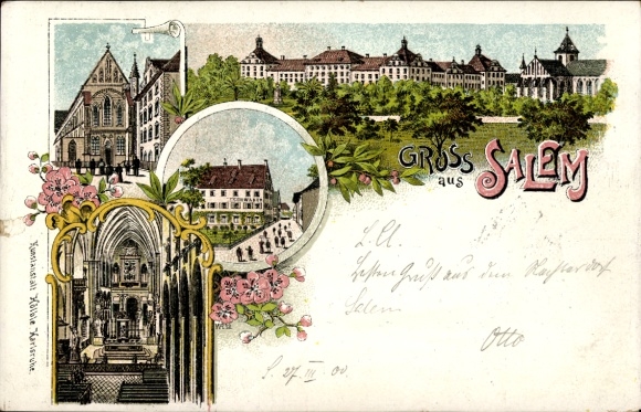 Chromo-Litho Salem in the Bodenseekreis Baden, Salem Castle, monastery, partial views, interior view of the church