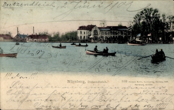 Ak Dutzendteich Nürnberg in Mittelfranken Bayern, Dutzendteich, Wasser, Boote,  Gebäude, Natur