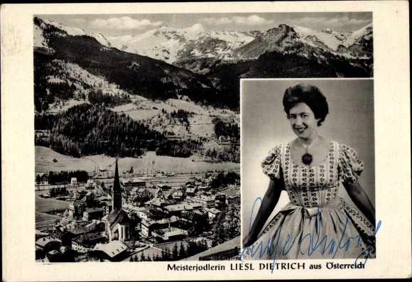 KP mistrz jodłowca Liesl Dietrich z Austrii, zimowa panorama, portret, autograf