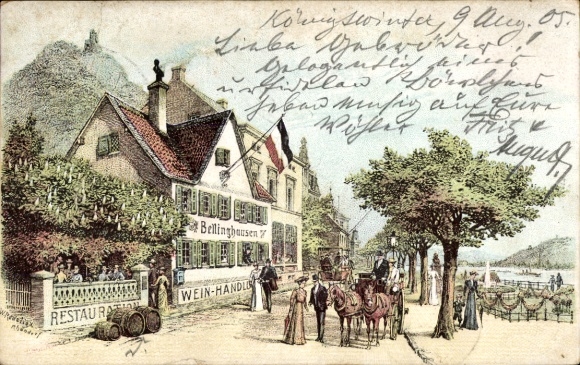 Litho Königswinter am Rhein, Weinhandlung und Restauration Bellinghausen, Kutsche