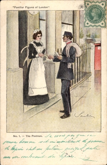 Artist Postcard Familiar Figures of London, The Postman, Postman, Maid