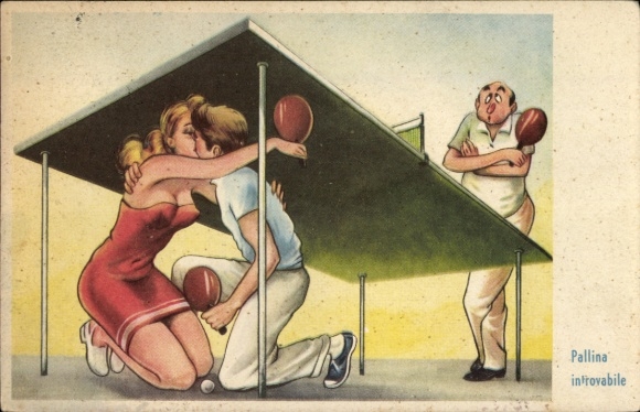 Postcard Kissing lovers, table tennis, love, table tennis table