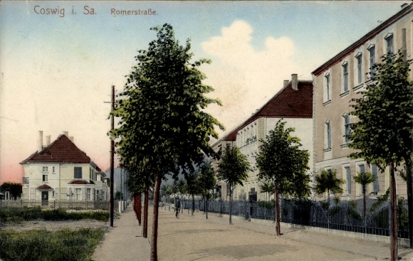Postcard Coswig in Saxony, Peaceful street with trees, residential building, Romerstraße