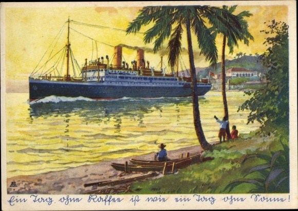 Postcard Bremen coffee steamer leaves South American port, Eduscho coffee, advertising