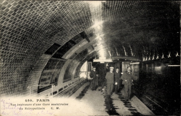 Postcard Metro Paris, interior view of a Metropolitain subway station, Direction de Villiers
