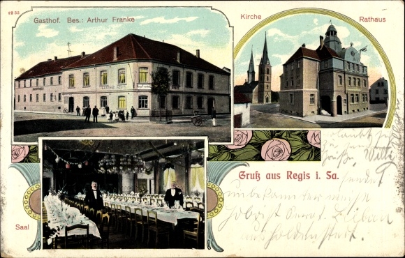 Postcard Regis in Saxony, inn, church, town hall