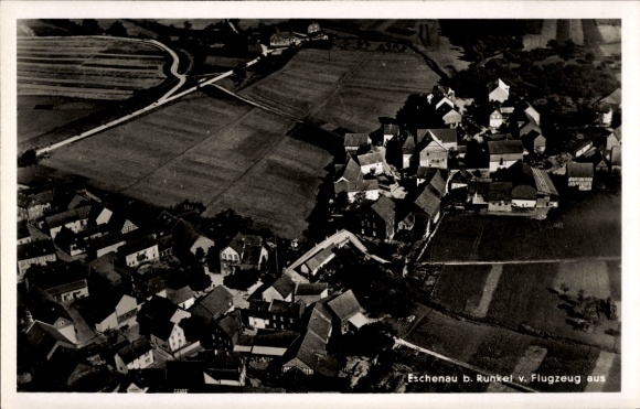 Postcard Eschenau Runkel an der Lahn, aerial photograph of Eschenau, houses, fields, 1930s