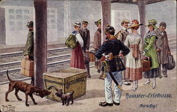 Artist Postcard Thiele, Arthur, hamster experiences, disreputable, soldier, platform, dogs