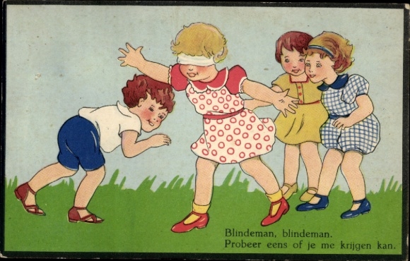 Postcard Dresden Bühlau, 3 children playing blind man's buff