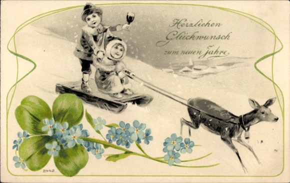 Ak Glückwunsch Neujahr, Kinder, Schlittenfahrt, Reh, Glücksklee, Vergissmeinnicht