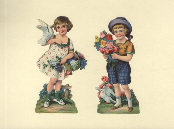 2 wafers children with flowers and white doves, size approx. 16 x 8 cm each