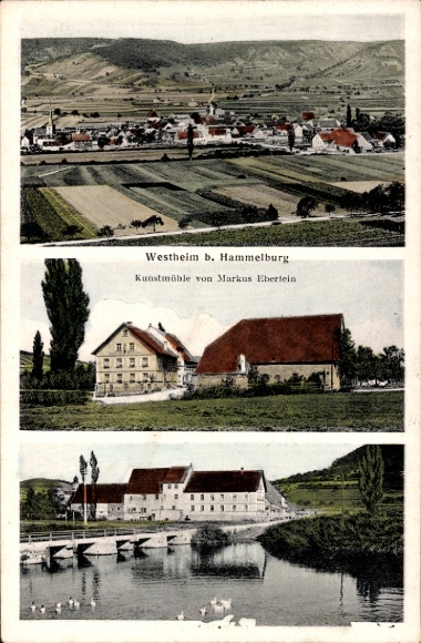 Postcard Westheim Hammelburg in Lower Franconia Bavaria, general view, art mill by Markus Eberlein
