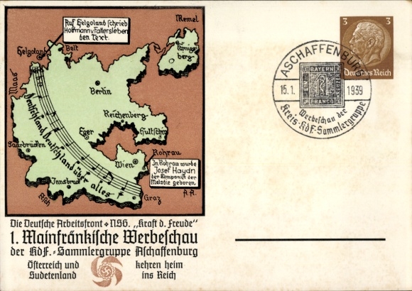 KP z artykułami pocztowymi Aschaffenburg, 1. Mainfränkische Werbeschau 1939, grupa kolekcjonerska KdF, Deutschlandlied