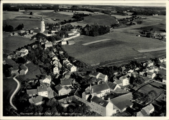 Postcard Neumarkt Sankt Veit an der Rott Upper Bavaria, aerial view of church, houses, fields