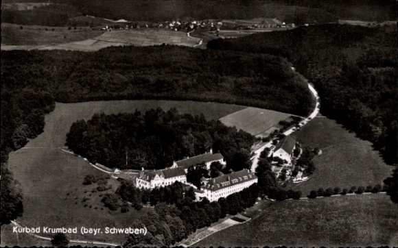 Postcard Krumbach in Swabia, Krumbad, aerial view of the spa town, landscape with forests and fields