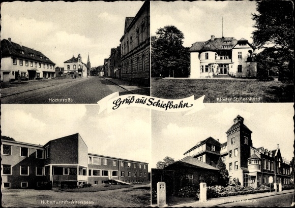 Postcard Schiefbahn Willich am Niederrhein, St Bernhard monastery, Hubertusstift retirement home, hospital