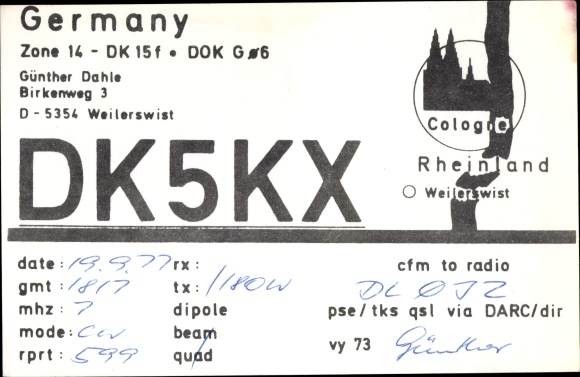Ak Weilerswist, Funkerkarte, Germany Zone 14, DK 15f, cfm to radio DL J2