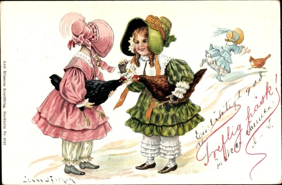 Artist PC Nyström, Jenny, congratulations Easter, girls with chickens