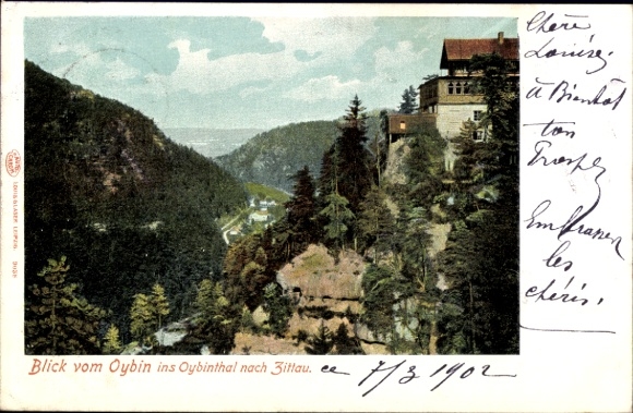 Ak Oybin in der Oberlausitz, Blick vom  Oybinthal, Wald, Berge, 1902